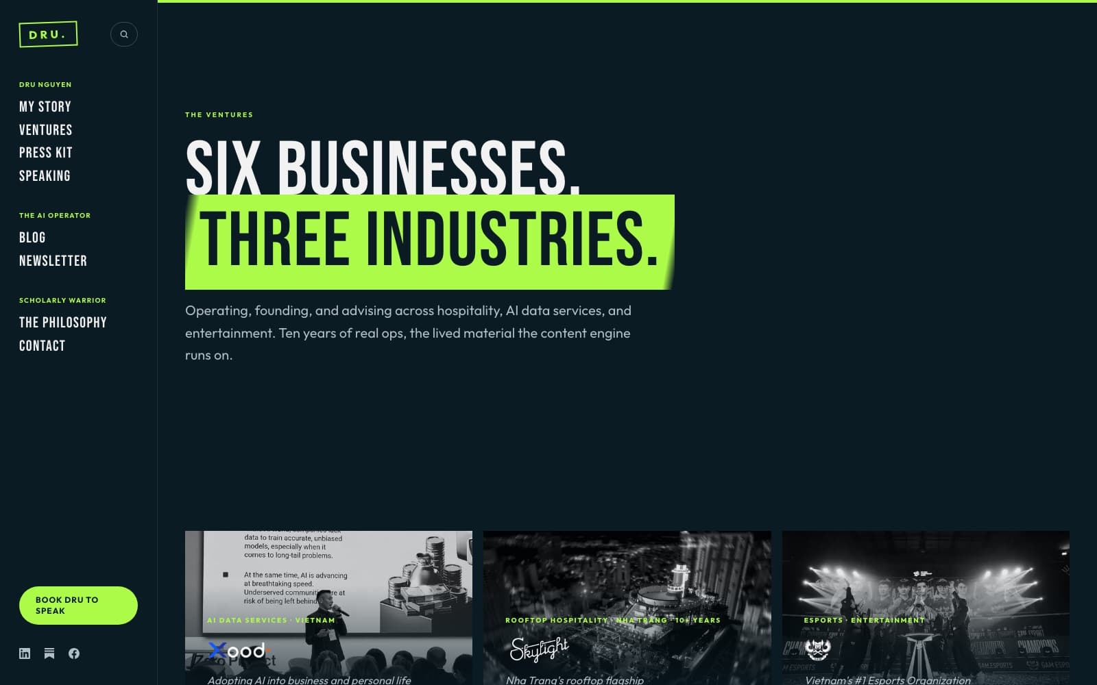 The ventures page with full-width photo tiles